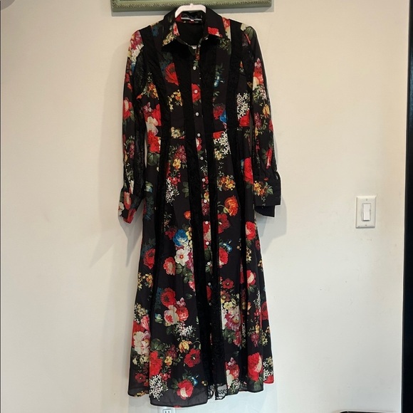 Dalia Macphee Dresses & Skirts - Dalia MacPhee long sleeve black lace dark red floral romantic maxi dress medium